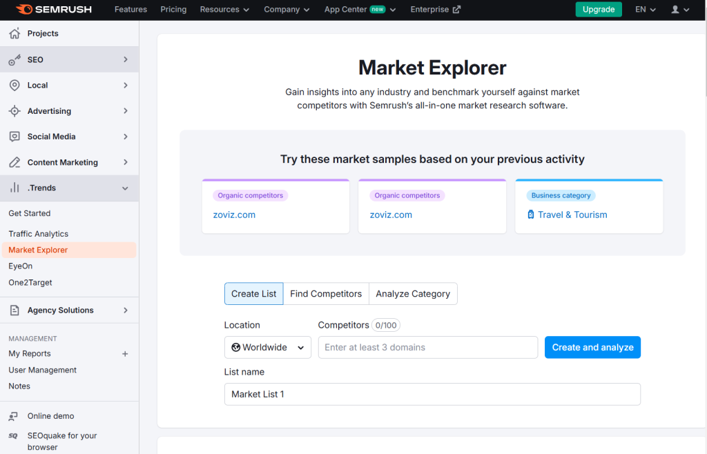 Semrush Market Explorer - AI tool for market research, keyword analysis, and competitor insights