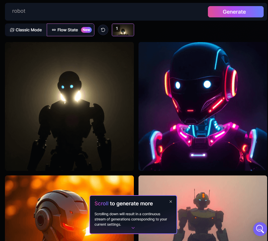 Flow State's infinite scroll feature showing various interpretations of "robot 
